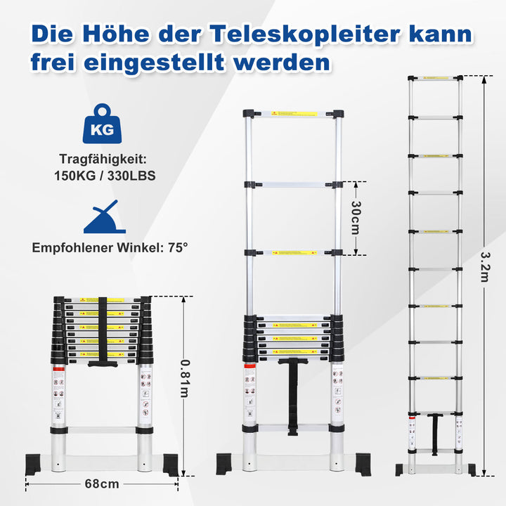 Sonnewelt Teleskopleiter Aluminium Belastbarkeit bis zu 150kg 2.6m-5m mit Stabilisator