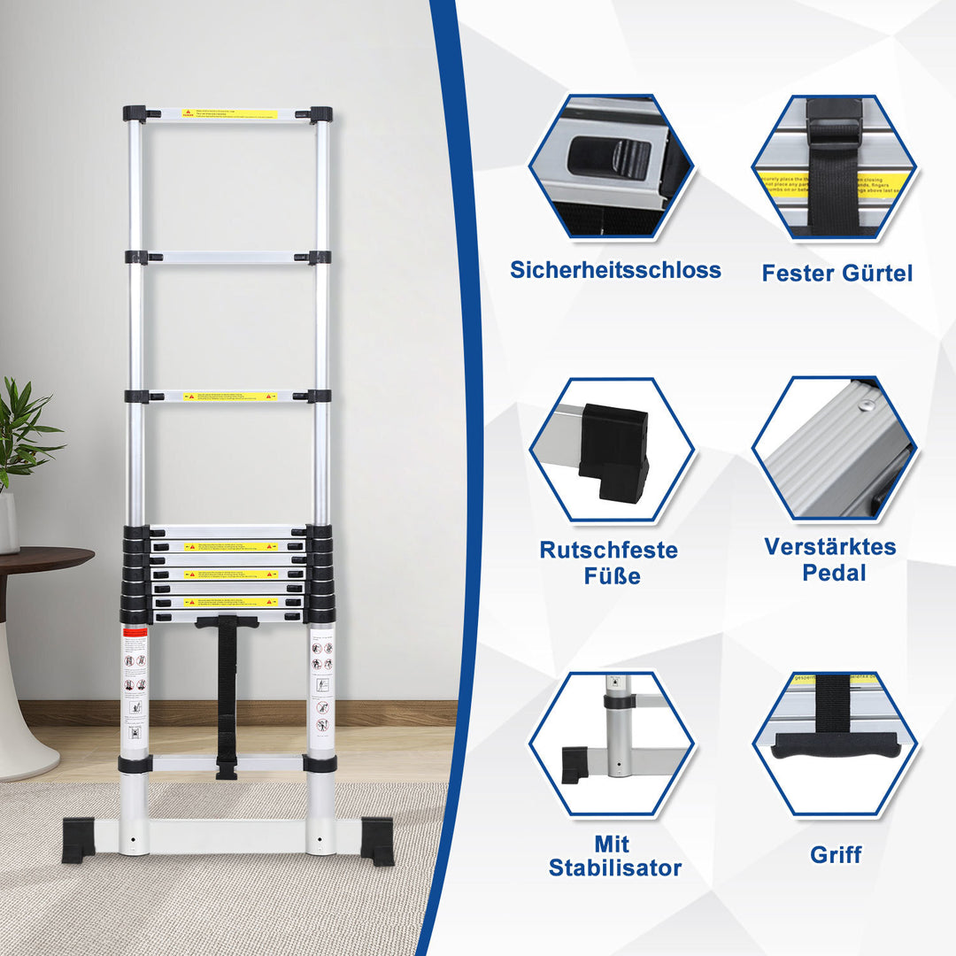 Sonnewelt Teleskopleiter Aluminium Belastbarkeit bis zu 150kg 2.6m-5m mit Stabilisator