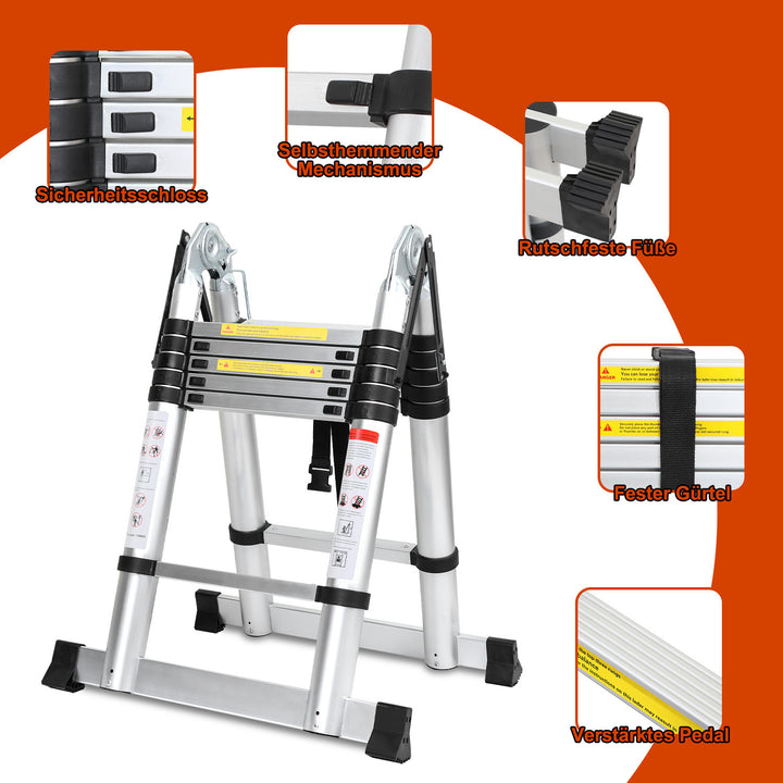 Sonnewelt 3.8m Telescopic Folding Ladder Aluminium Up to 150 kg Load Capacity