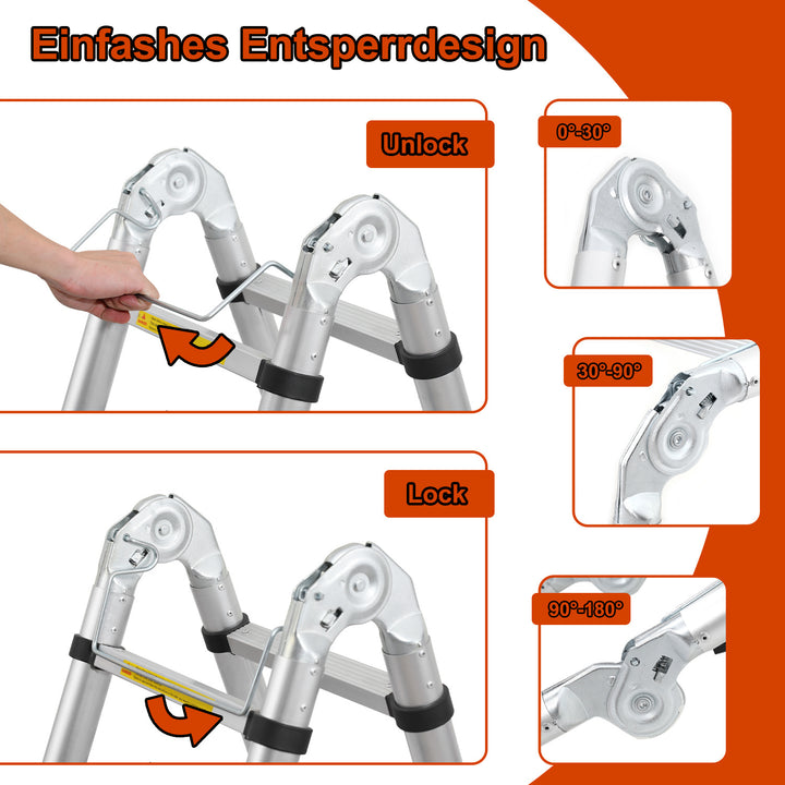 Sonnewelt 3.8m Telescopic Folding Ladder Aluminium Up to 150 kg Load Capacity