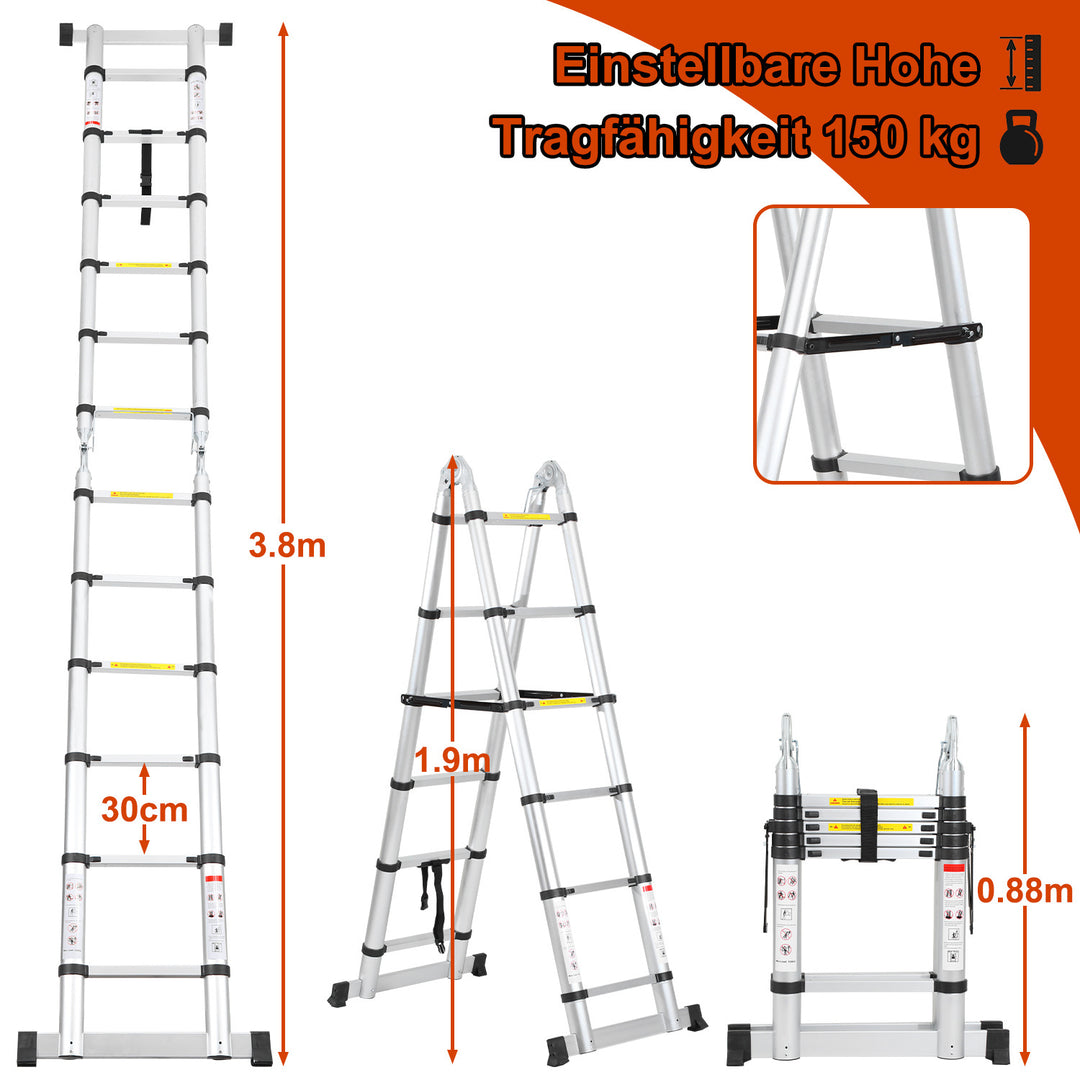 Sonnewelt 3.8m Telescopic Folding Ladder Aluminium Up to 150 kg Load Capacity