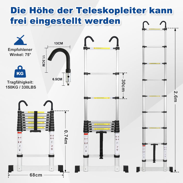 Sonnewelt Teleskopleiter mit 2 Abnehmbarem Haken mit Stabilisator