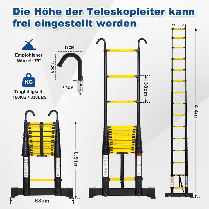 Sonnewelt Teleskopleiter Aluminium mit Abnehmbarem Haken mit Stabilisator