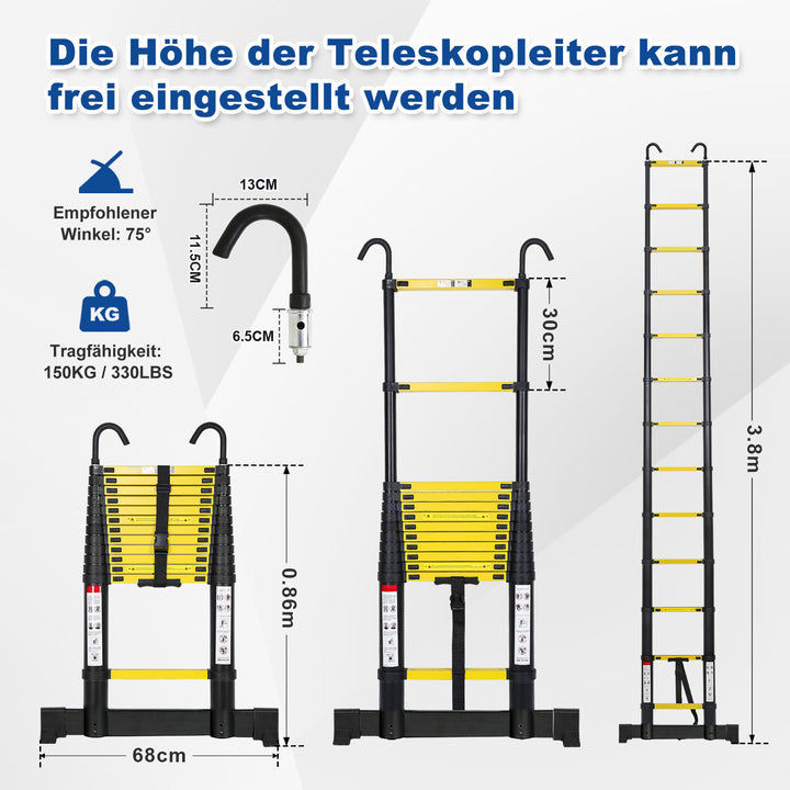 Sonnewelt Teleskopleiter Aluminium mit Abnehmbarem Haken mit Stabilisator