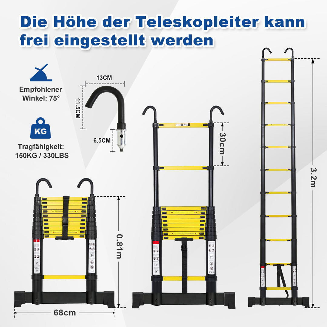 Sonnewelt Teleskopleiter Aluminium mit Abnehmbarem Haken mit Stabilisator