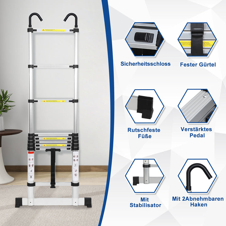 Sonnewelt Teleskopleiter mit 2 Abnehmbarem Haken mit Stabilisator