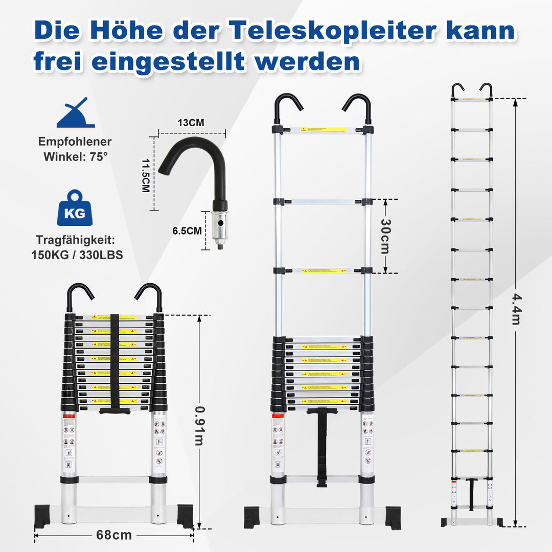 Sonnewelt Teleskopleiter mit 2 Abnehmbarem Haken mit Stabilisator
