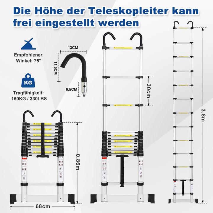 Sonnewelt Teleskopleiter mit 2 Abnehmbarem Haken mit Stabilisator