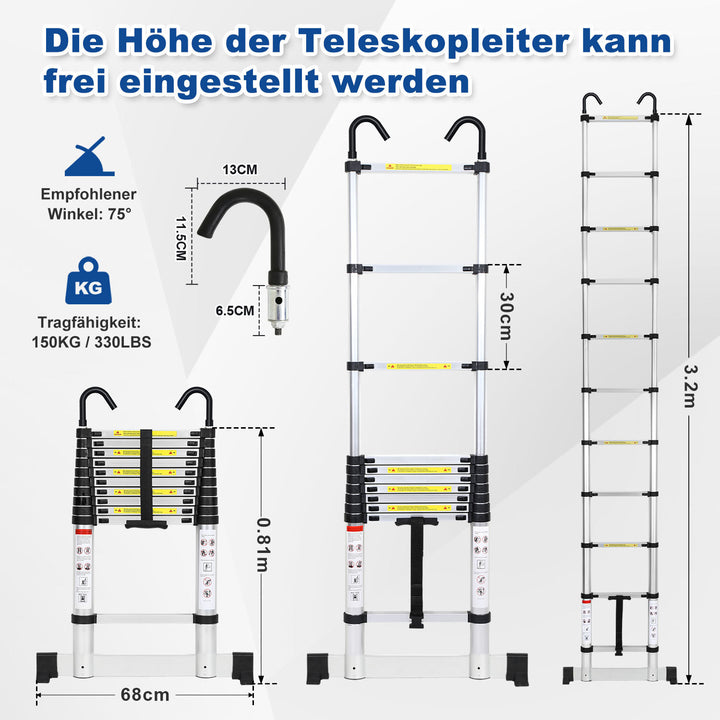 Sonnewelt Teleskopleiter mit 2 Abnehmbarem Haken mit Stabilisator