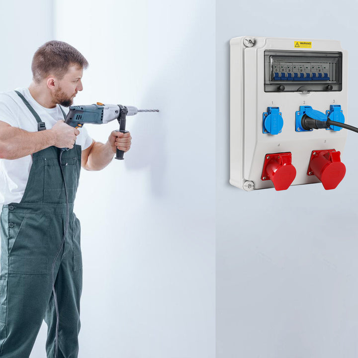 Sonnewelt Wandverteiler mit Leitungsschutzschalter,5 Polig Baustromverteiler mit 3xSchuko-Steckdose und CEE-Steckdose 16/32A