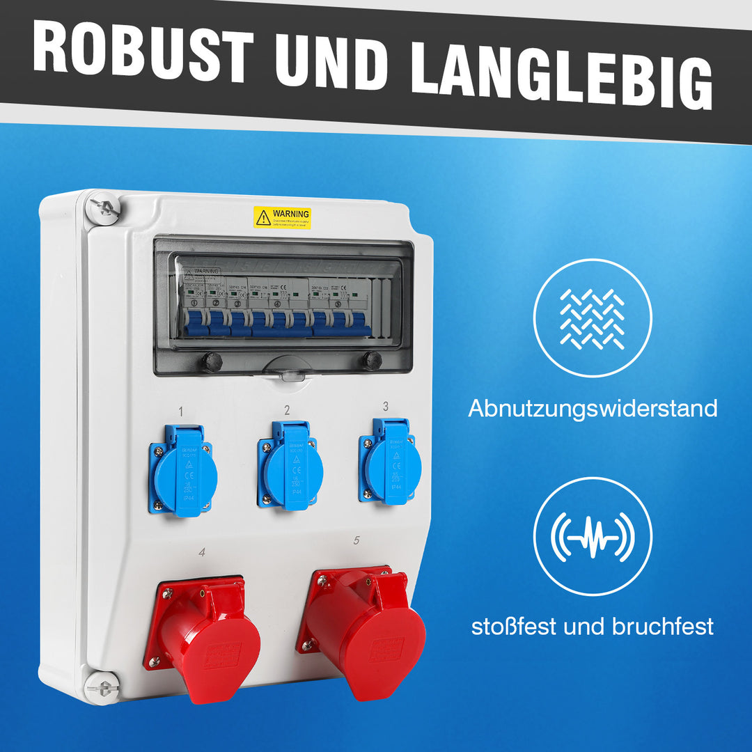 Sonnewelt Wandverteiler mit Leitungsschutzschalter,5 Polig Baustromverteiler mit 3xSchuko-Steckdose und CEE-Steckdose 16/32A