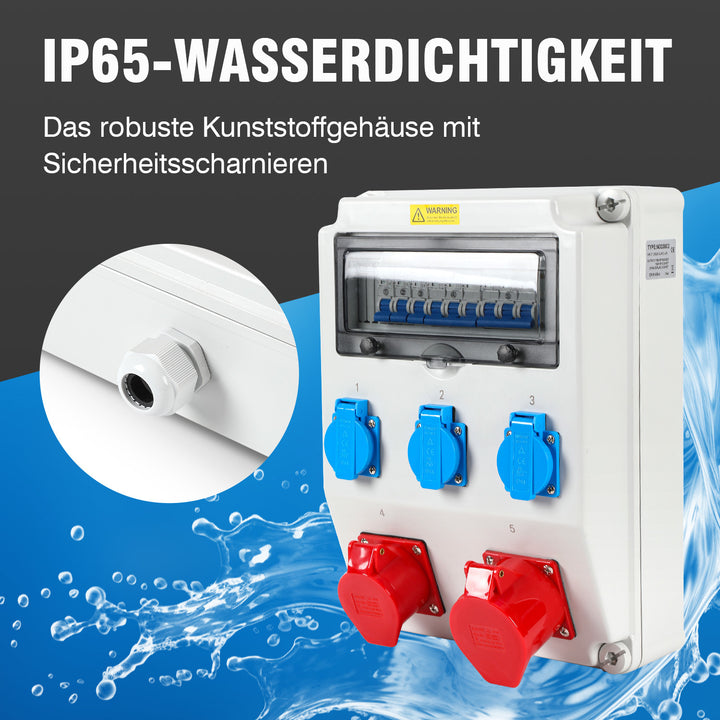 Sonnewelt Wandverteiler mit Leitungsschutzschalter,5 Polig Baustromverteiler mit 3xSchuko-Steckdose und CEE-Steckdose 16/32A