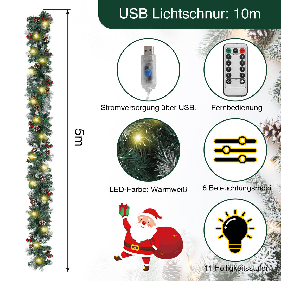 Sonnewelt Weihnachtsgirlande mit Beleuchtung und Deko, USB 2,7 m/5 m
