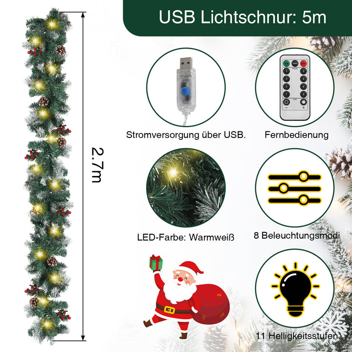 Sonnewelt Weihnachtsgirlande mit Beleuchtung und Deko, USB 2,7 m/5 m