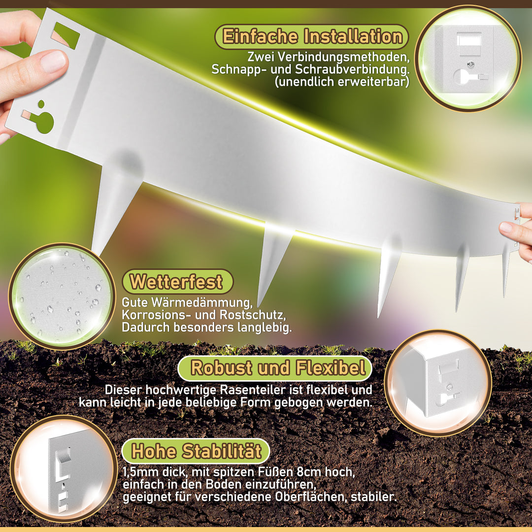 Sonnewelt Rasenkante Metall Beetumrandung mit Dornen 15cm/18cm Silber