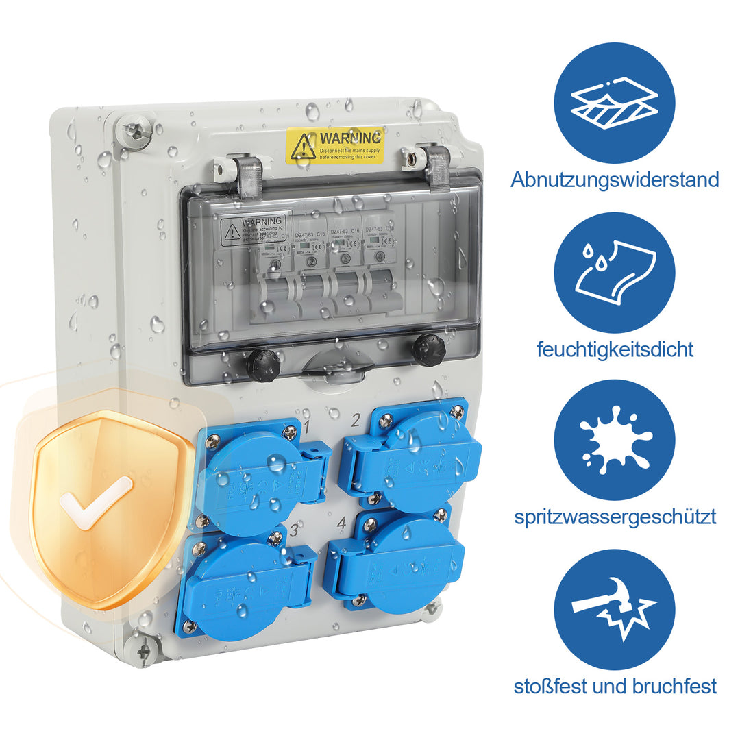 Sonnewelt Wandverteiler mit 4xSchuko-Steckdose16A 250V, 4xCEE Steckdosen 16A 1P