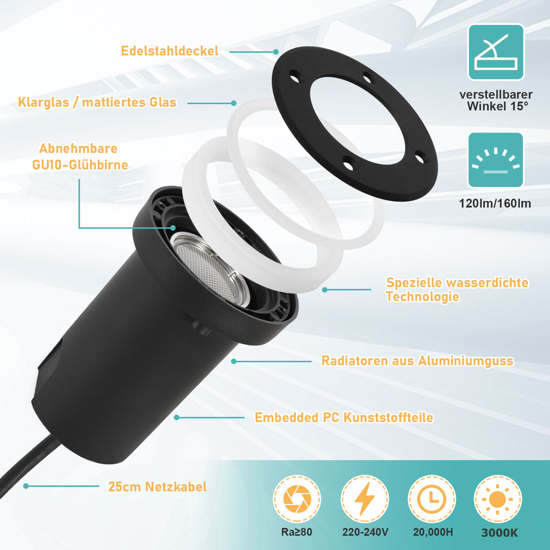 Sonnewelt LED Bodeneinbaustrahler 3W Warmweiß mit Mattierten Ersatzlinsen