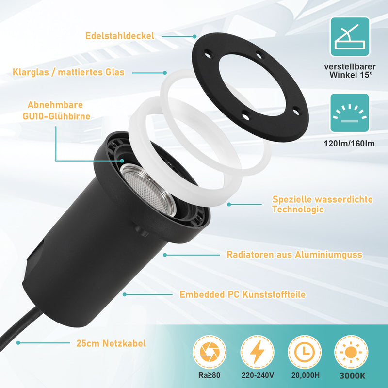 Sonnewelt LED Bodeneinbaustrahler 3W Warmweiß mit Mattierten Ersatzlinsen