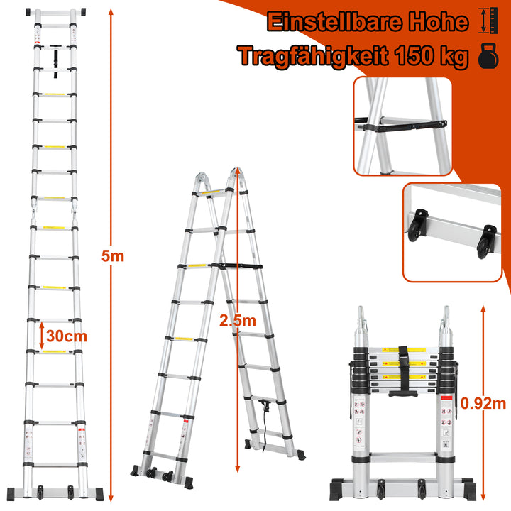 Sonnewelt 5M Alu Teleskopleiter Klappleiter mit Rädern und Dreiecksstabilisator