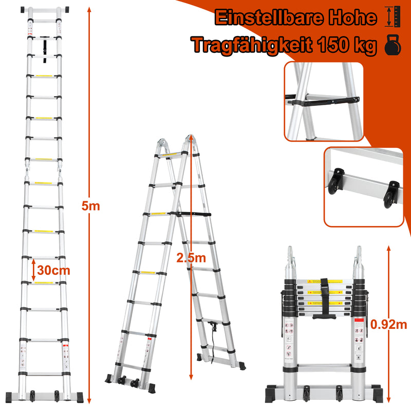 Sonnewelt 5M Alu Teleskopleiter Klappleiter mit Rädern und Dreiecksstabilisator