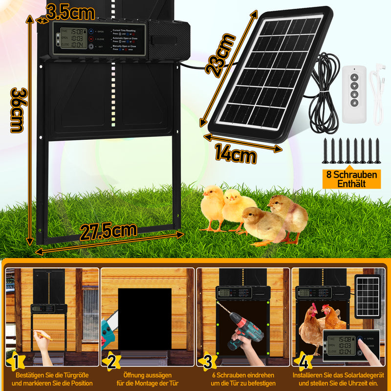 Sonnewelt Elektrische Hühnerklappe Solar mit LED Display und Fernbedienung