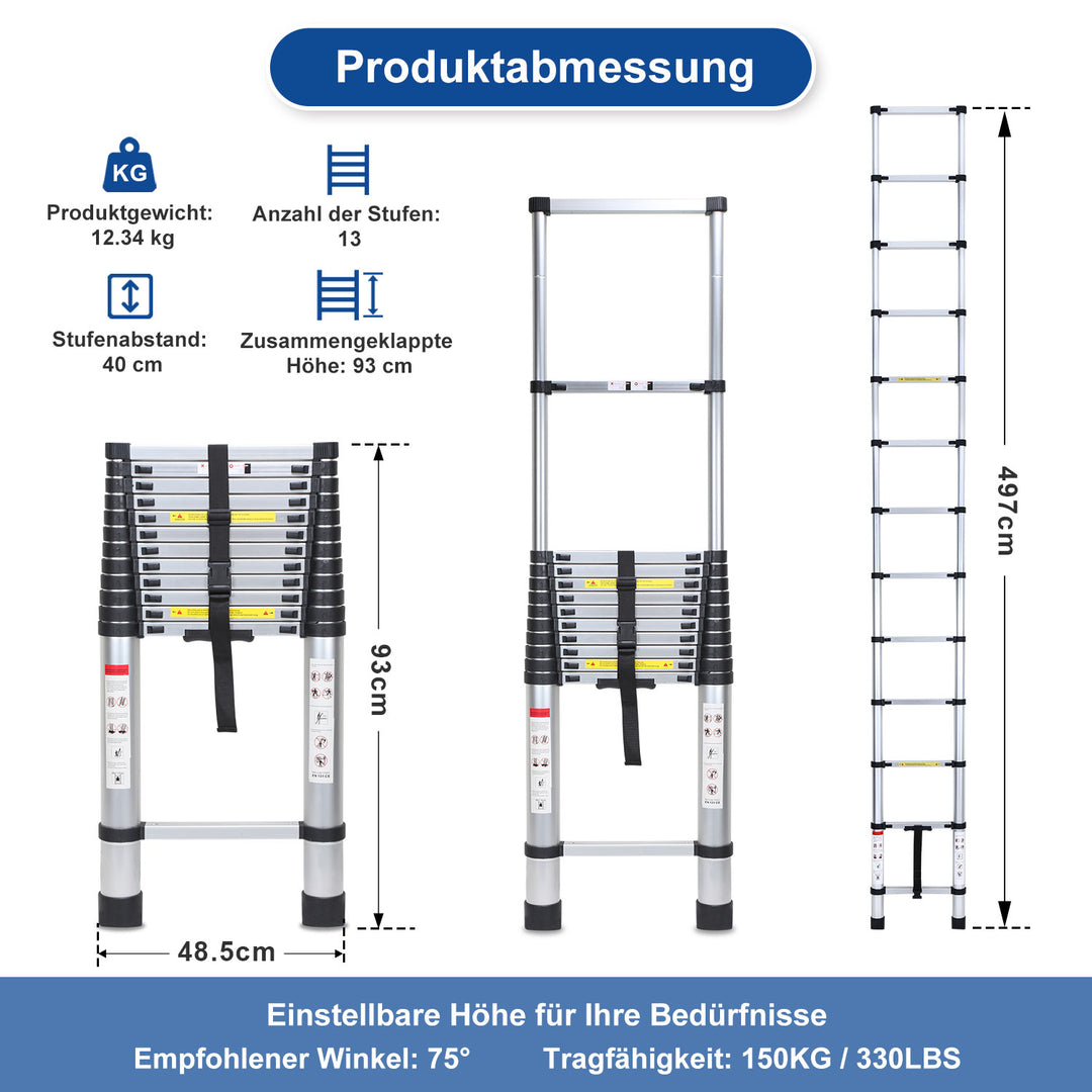 Sonnewelt Teleskopleiter Aluminium Belastbarkeit bis zu 150kg 2.6m-5m