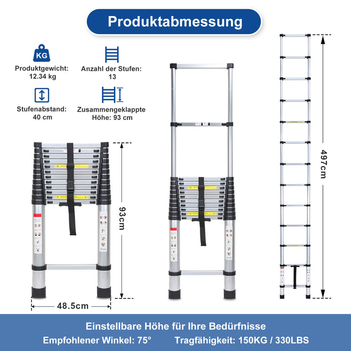 Sonnewelt Teleskopleiter Aluminium Belastbarkeit bis zu 150kg 2.6m-5m