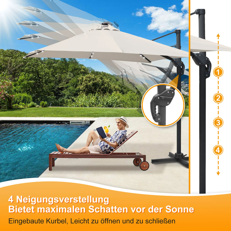 Sonnewelt Ampelschirm 300 x 300 cm Sonnenschirm 360° Drehbar mit Solar-LED