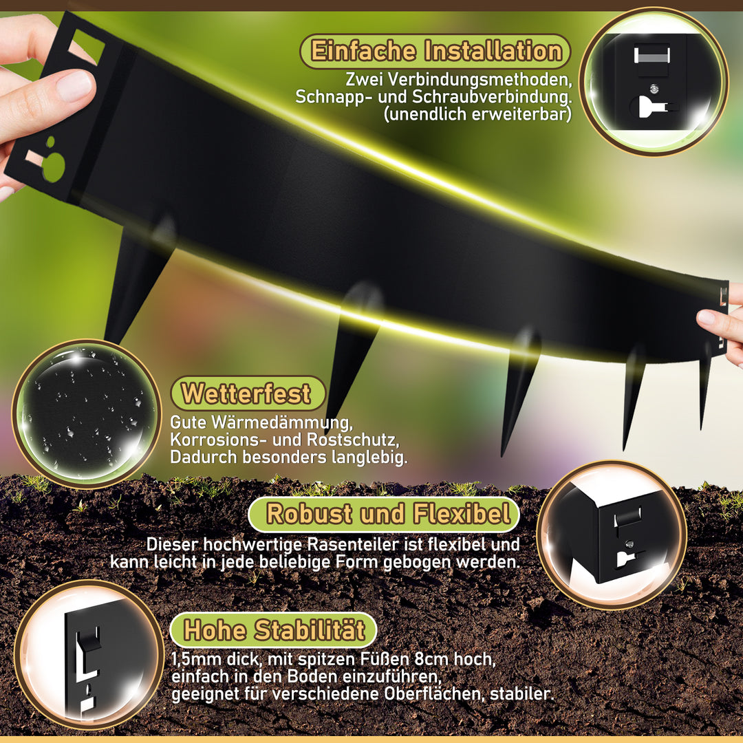 Sonnewelt Rasenkante Metall Beetumrandung mit Dornen 15cm/18cm Schwarz