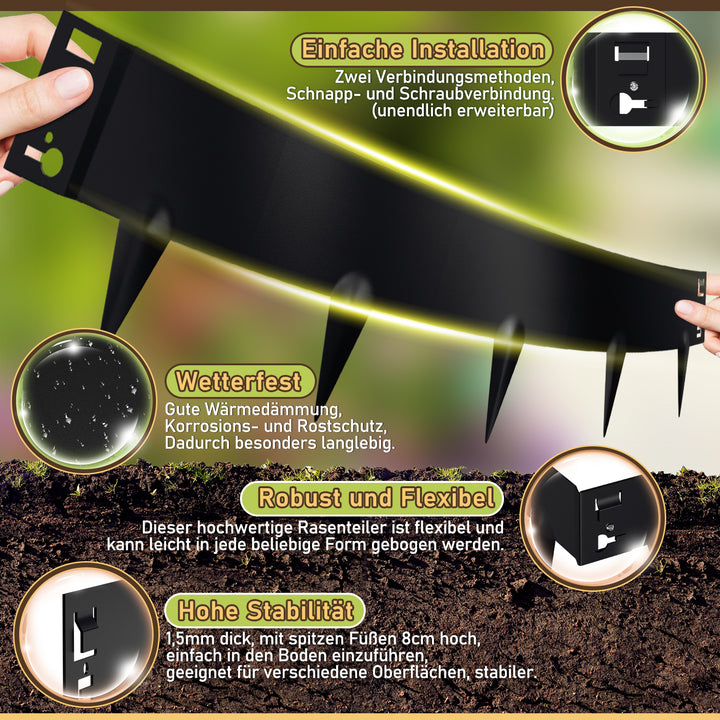 Sonnewelt Rasenkante Metall Beetumrandung mit Dornen 15cm/18cm Schwarz