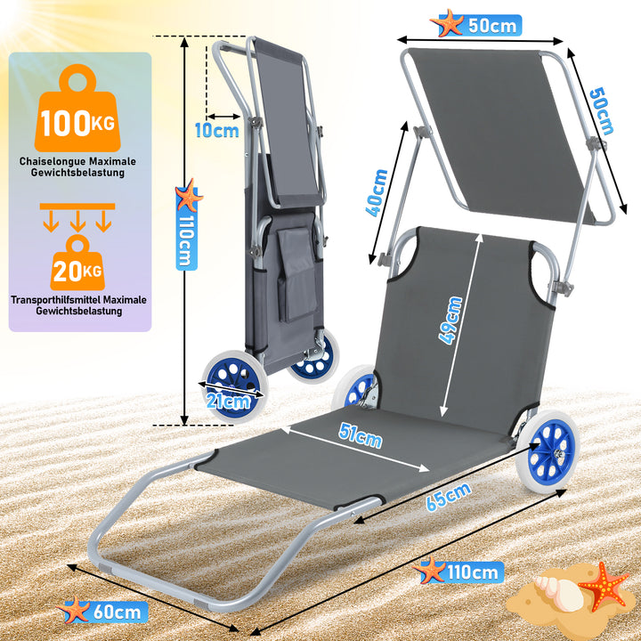 Sonnewelt Sonnenliege klappbar Aluminium mit Rollen und Sonnendach