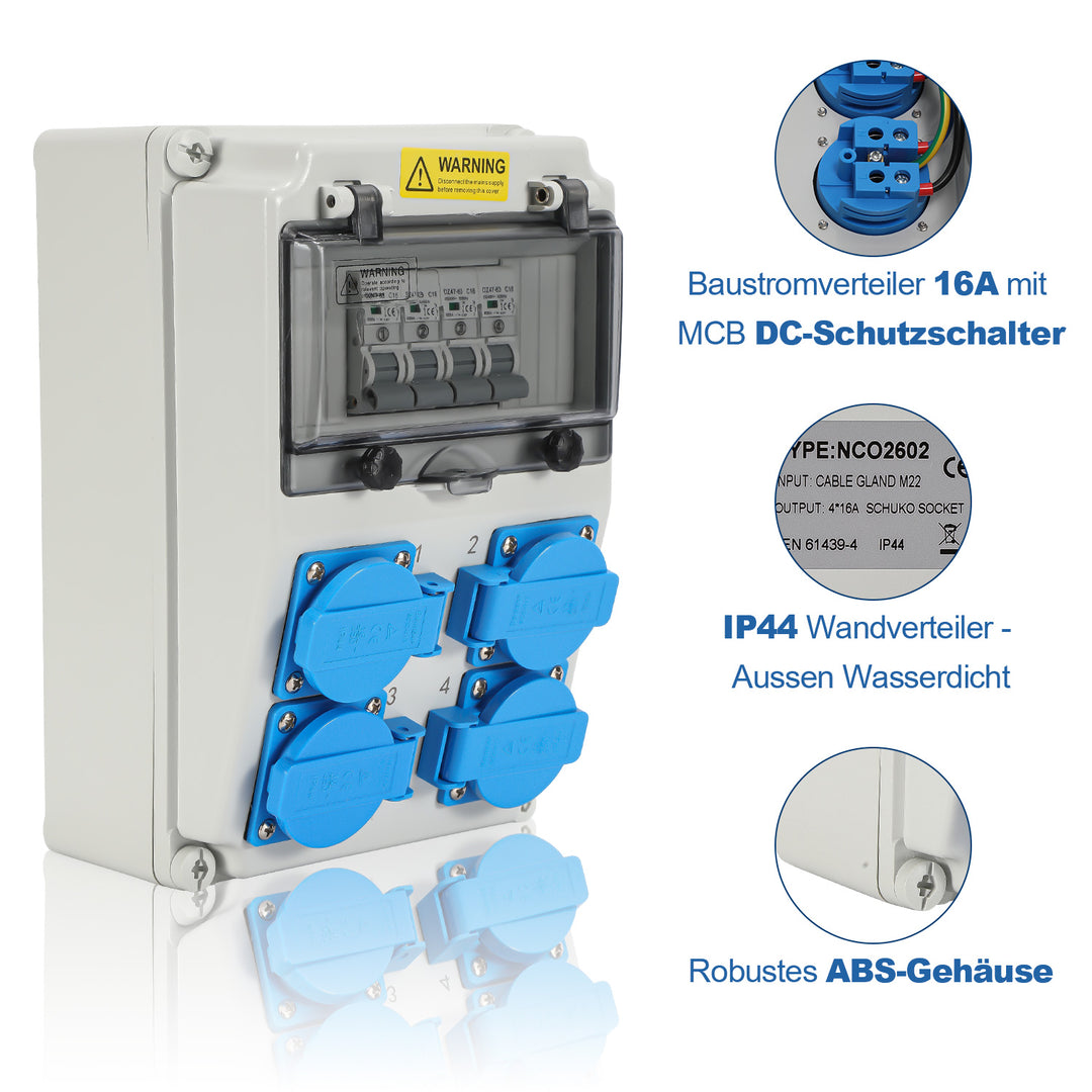 Sonnewelt Wandverteiler mit 4xSchuko-Steckdose16A 250V, 4xCEE Steckdosen 16A 1P