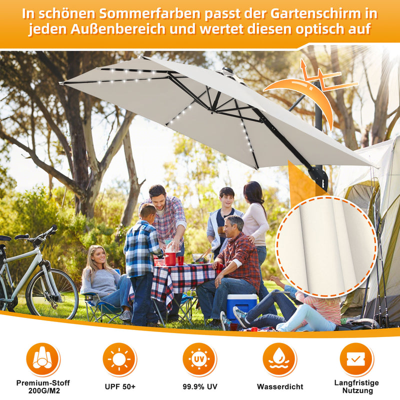 Sonnewelt Ampelschirm 300 x 300 cm Sonnenschirm 360° Drehbar mit Solar-LED