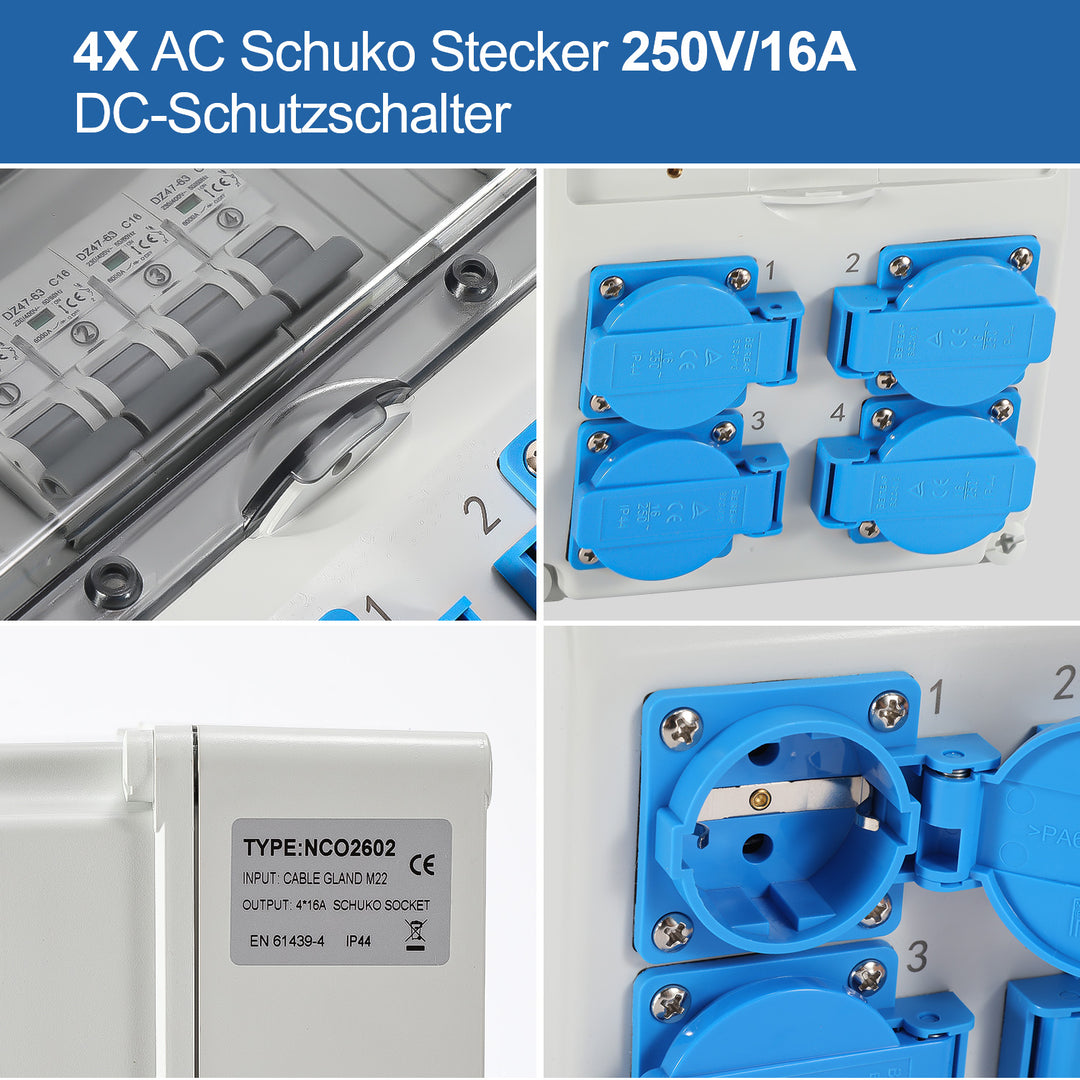 Sonnewelt Wandverteiler mit 4xSchuko-Steckdose16A 250V, 4xCEE Steckdosen 16A 1P