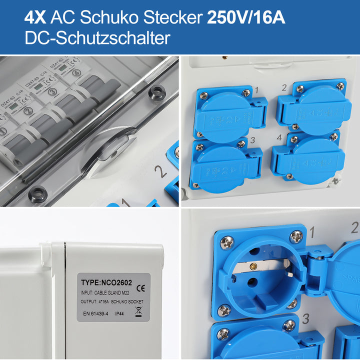 Sonnewelt Wandverteiler mit 4xSchuko-Steckdose16A 250V, 4xCEE Steckdosen 16A 1P
