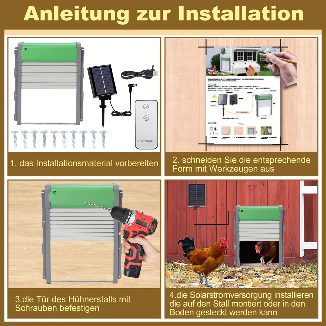 Sonnewelt Automatische Hühnerklappe Solar Rolltor mit Lichtsensor und Zeitsteuerung