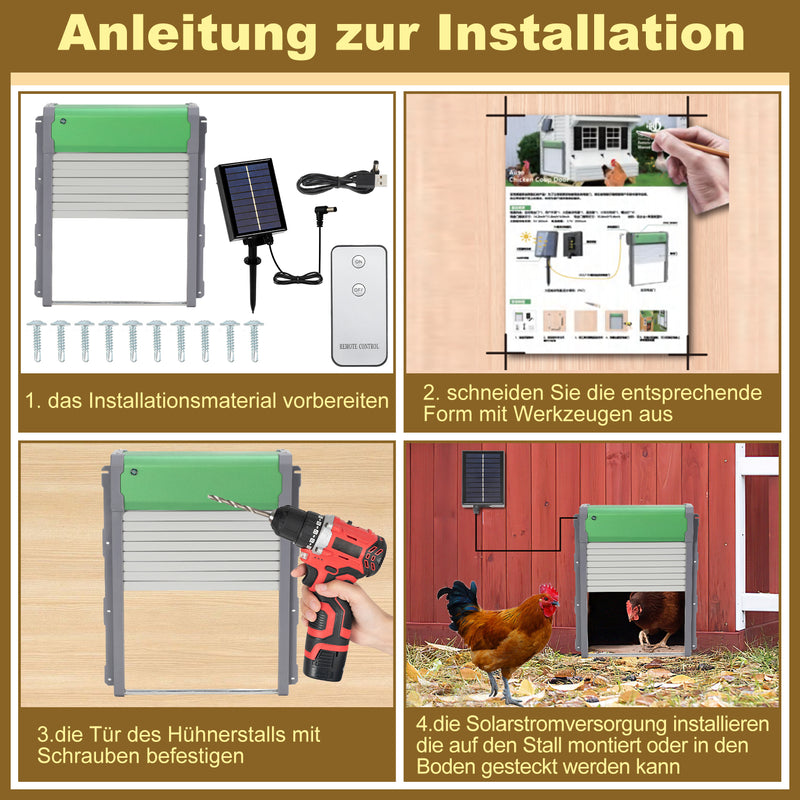Sonnewelt Automatische Hühnerklappe Solar Rolltor mit Lichtsensor und Zeitsteuerung