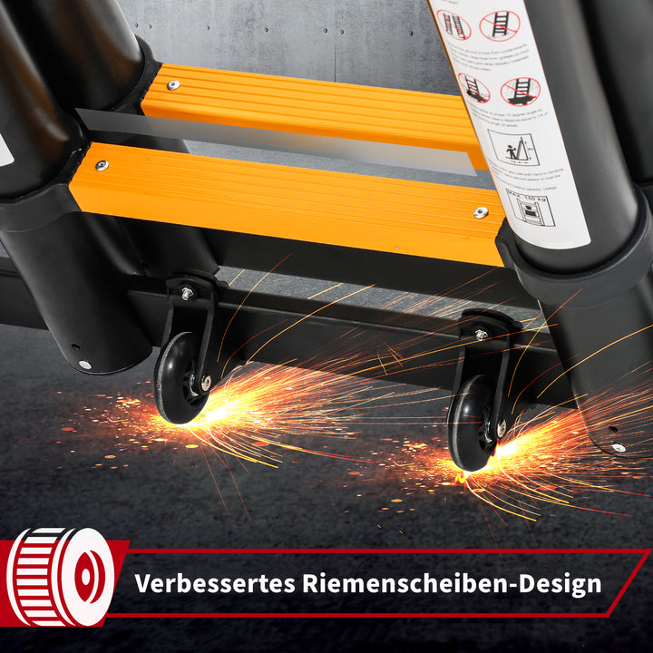 Sonnewelt 5M Alu Teleskopleiter Klappleiter mit Rädern und Dreiecksstabilisator Schwarz