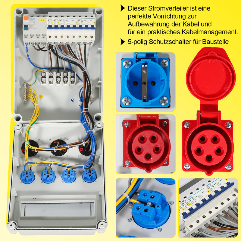Sonnewelt Wandverteiler FI 4xSchuko-Steckdose und CEE-Steckdose 16/32A