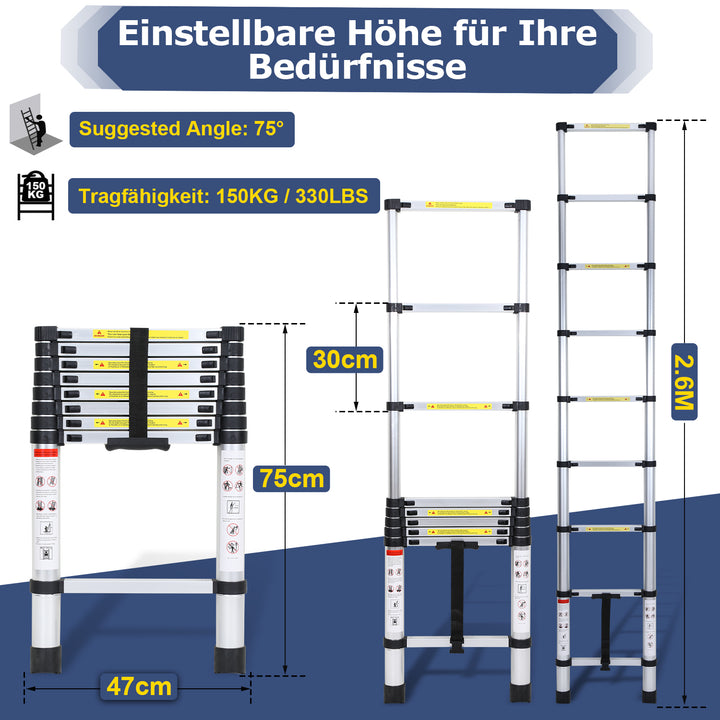 Sonnewelt Teleskopleiter Aluminium Belastbarkeit bis zu 150kg 2.6m-5m