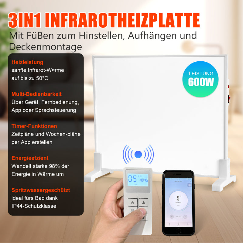 Sonnewelt Infrarotheizung Thermostat APP Fernbedienung 300-1200 W