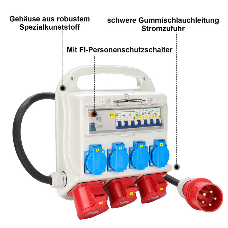 Sonnewelt Stromverteiler FI-Schutzschalter 2 x CEE 400V/16A+4 x 230V Schuko 5 polig