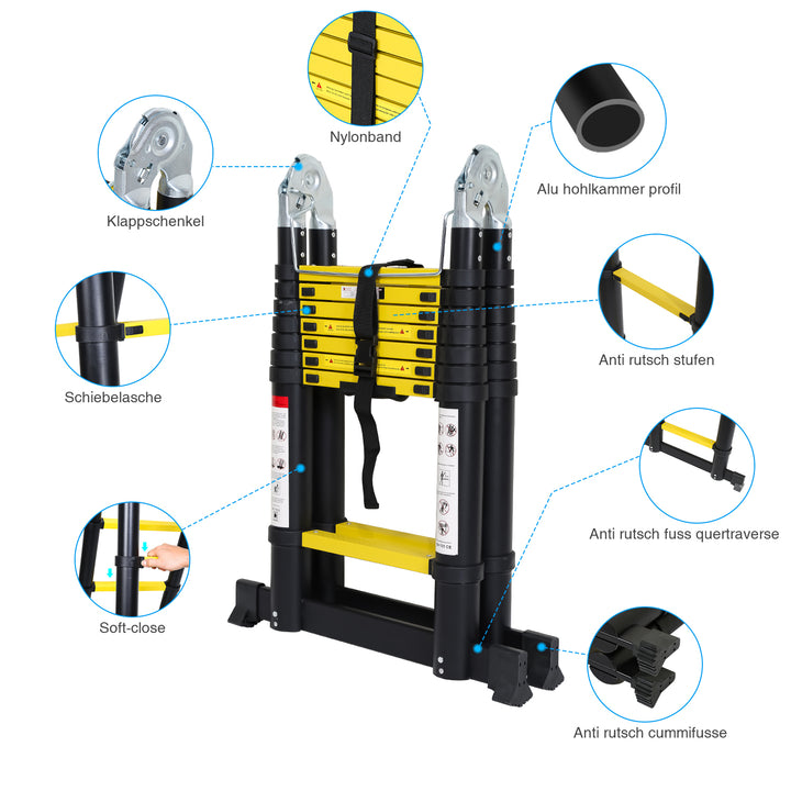 Sonnewelt Teleskopleiter Tragbar Alu Max Belastung 150 kg 3.8M (1.9+1.9M)