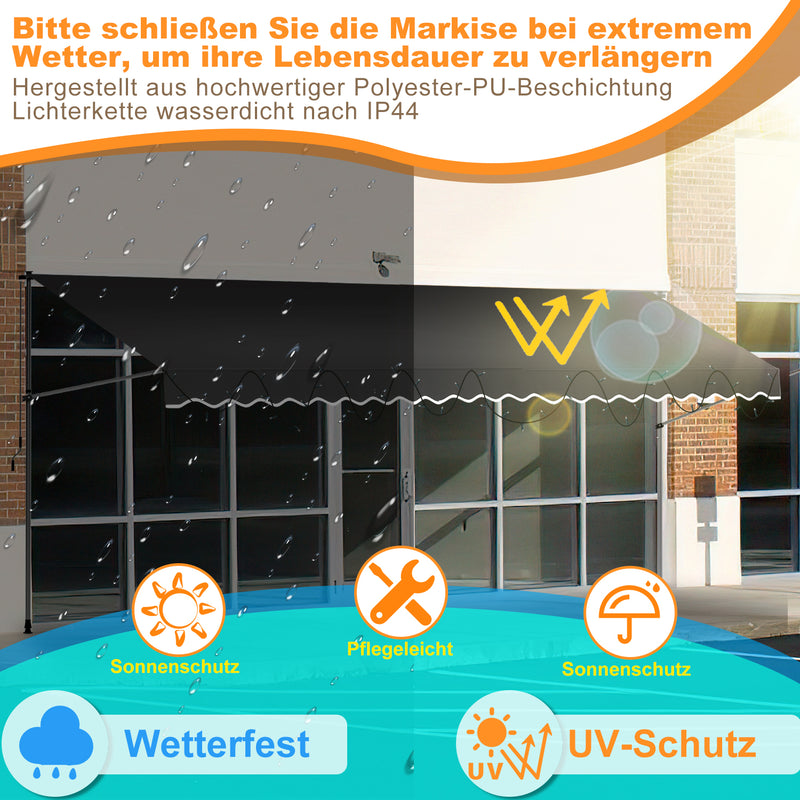 Sonnewelt Klemmmarkise mit Handkurbel mit Solar LED Lichtkette