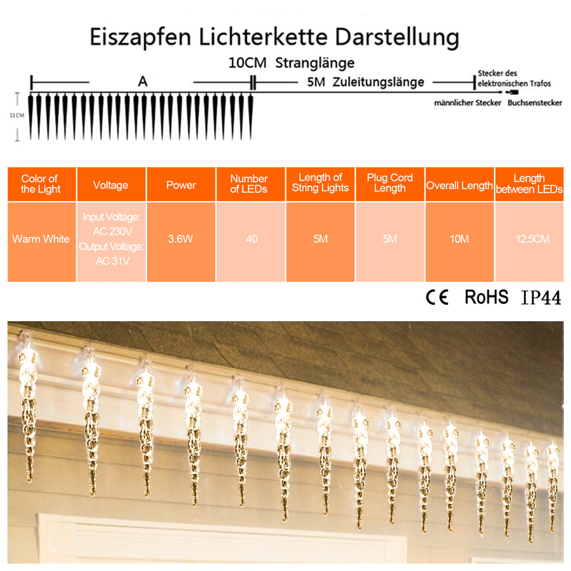 Sonnewelt LED Eiszapfen Lichterkette 40 LEDs