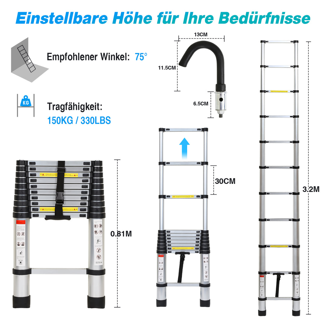 Sonnewelt telescopic ladder with 2 removable hooks
