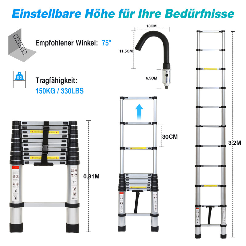 Sonnewelt Teleskopleiter mit 2 Abnehmbarem Haken