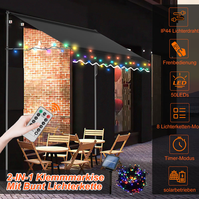 Sonnewelt Klemmmarkise mit Handkurbel mit Solar LED Lichtkette