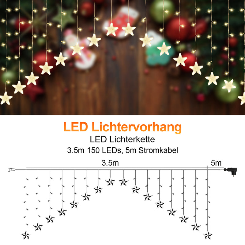 Sonnewelt LED Lichtervorhang 3.5M Sterne Lichterkette 150 LEDs