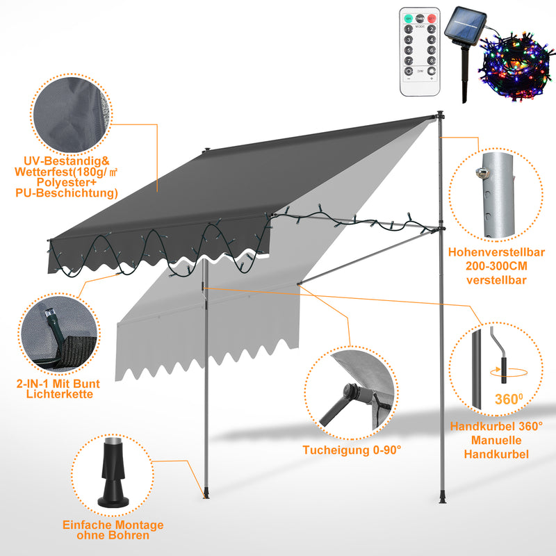 Sonnewelt Klemmmarkise mit Handkurbel mit Solar LED Lichtkette